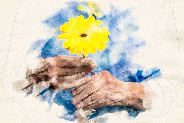 close-up of older womans hand holding a yellow flower in the style of an aquarelle close-up of older womans hand holding a yellow flower in the style of an aquarelle
