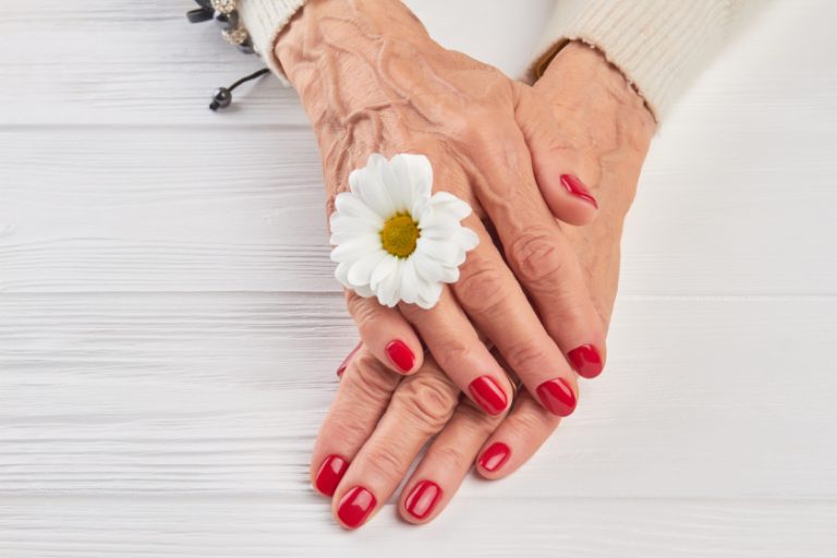 Little white chrysanthemum and female hands.