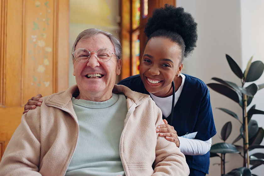 Senior man face nurse nursing home support wellness healthcare wheelchair