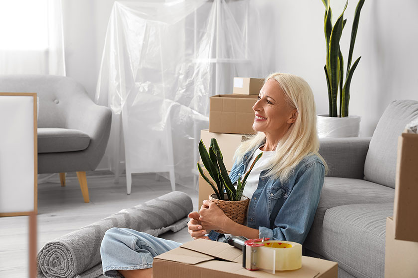 Mature woman houseplant sitting living room moving day Mature woman houseplant sitting living room moving day