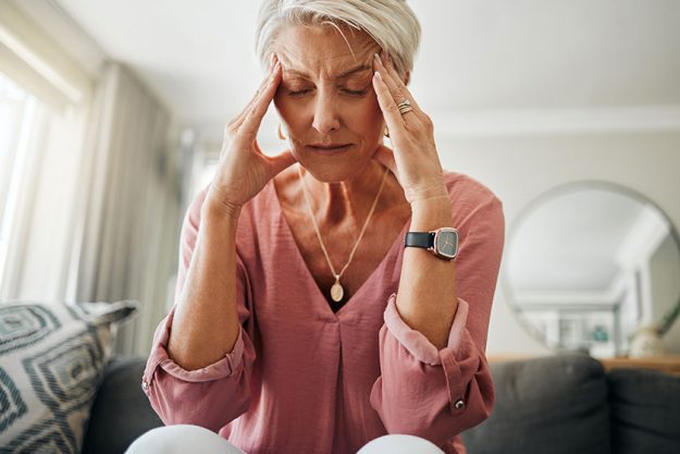 Headache pain, anxiety and senior woman thinking mental health problem Headache pain, anxiety and senior woman thinking mental health problem