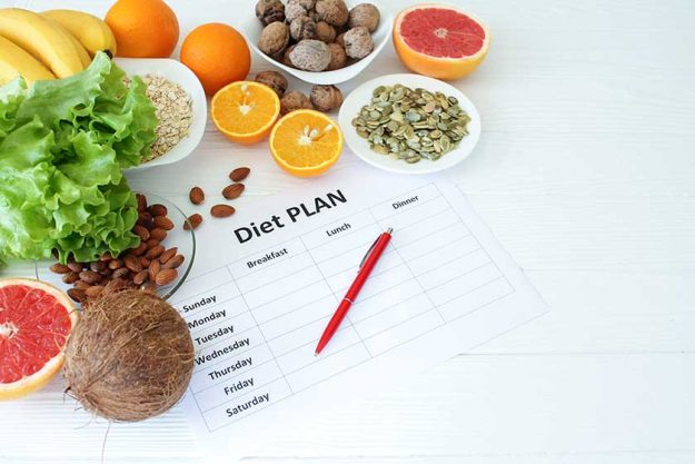 Healthy food and planning for diet. Clean eating selection: vegetable, fruit, seeds, nuts, superfood, cereals, leaf vegetable on white wooden background copy space