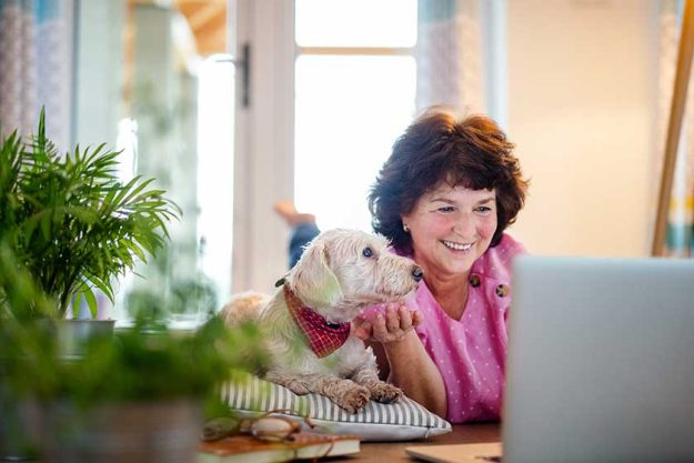 Senior woman with dog and laptop at home, relaxing