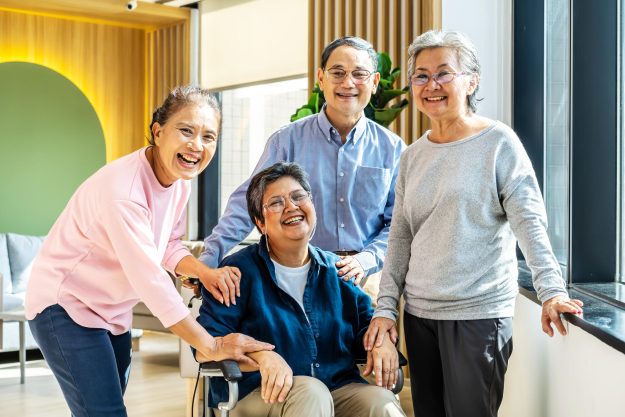 Group of asia happy retired senior people enjoy standing relax a