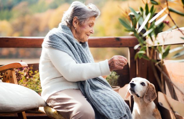 An,Elderly,Woman,With,A,Dog,Sitting,Outdoors,On,A